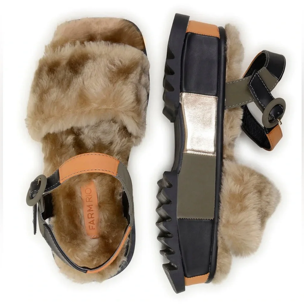 Farm Rio Khaki Patchwork Faux Fur Platform Sandal - Picture 3 of 12